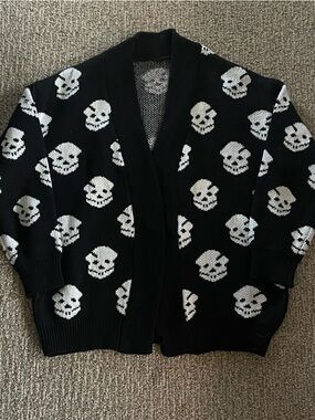 Black Skull-Pattern Open Front Cardigan Sweater